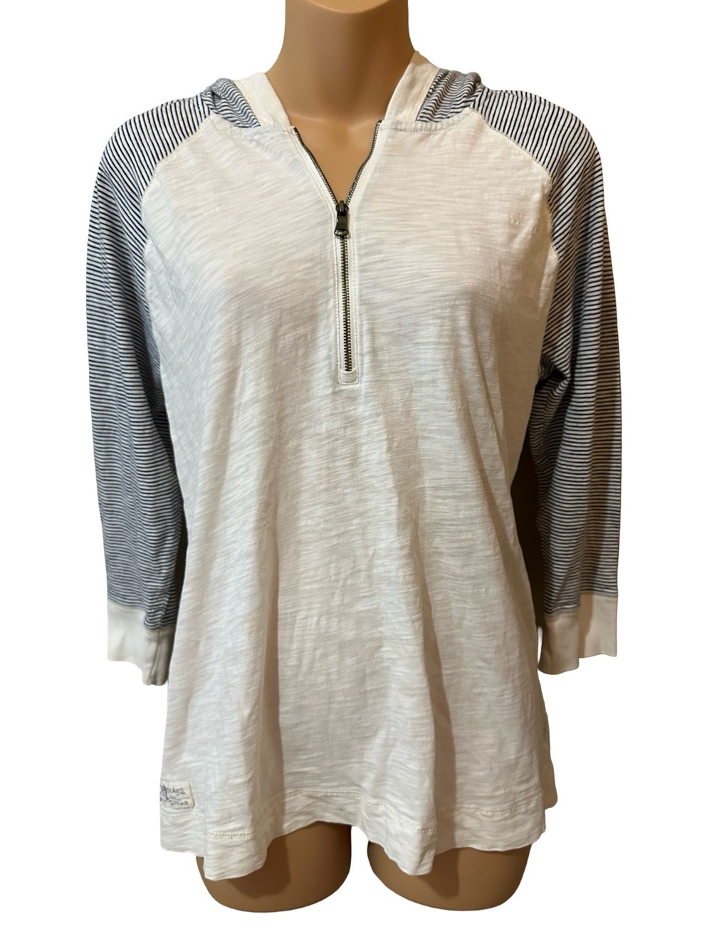 Lauren Ralph Lauren White Hooded Half-Zip Pullover Navy Stripe 3/4 Sleeves L